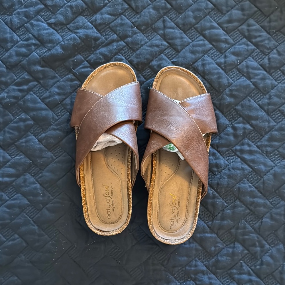 Brown Leather Slide Sandals